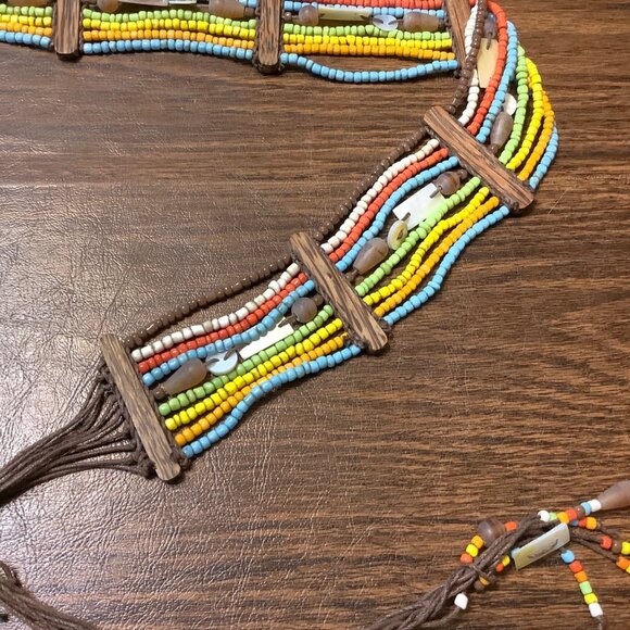Vtg Boho Retro Tribal Multicolored Seed Beads Belt Woven Cord 60" Length - Picture 2 of 8